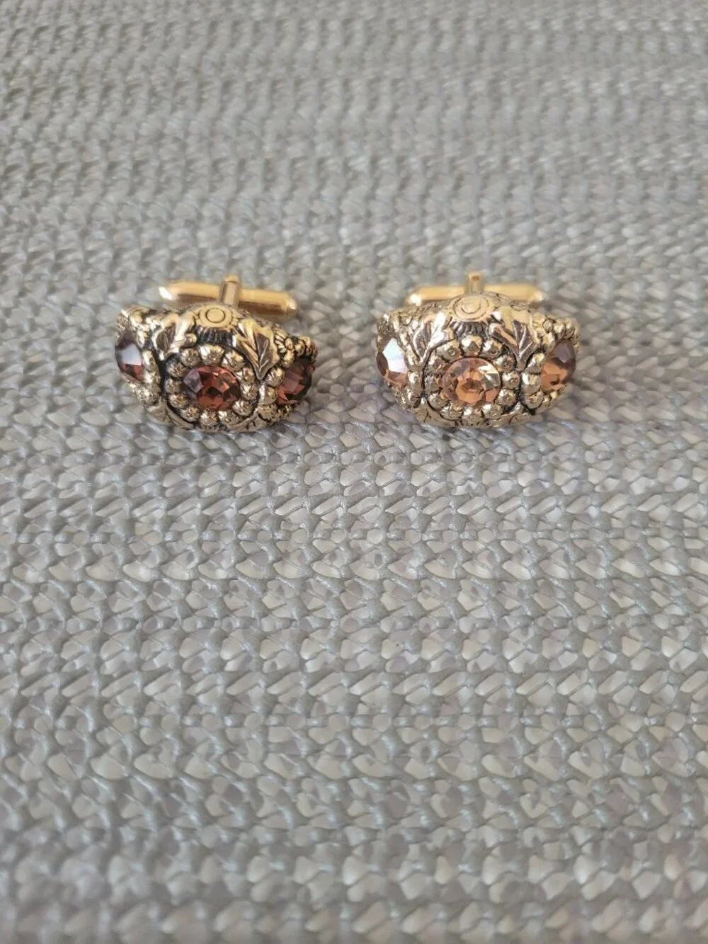 Vintage Tivoli Gold Tone Cufflinks Amber Rhinestone Filigree Ornate Unisex